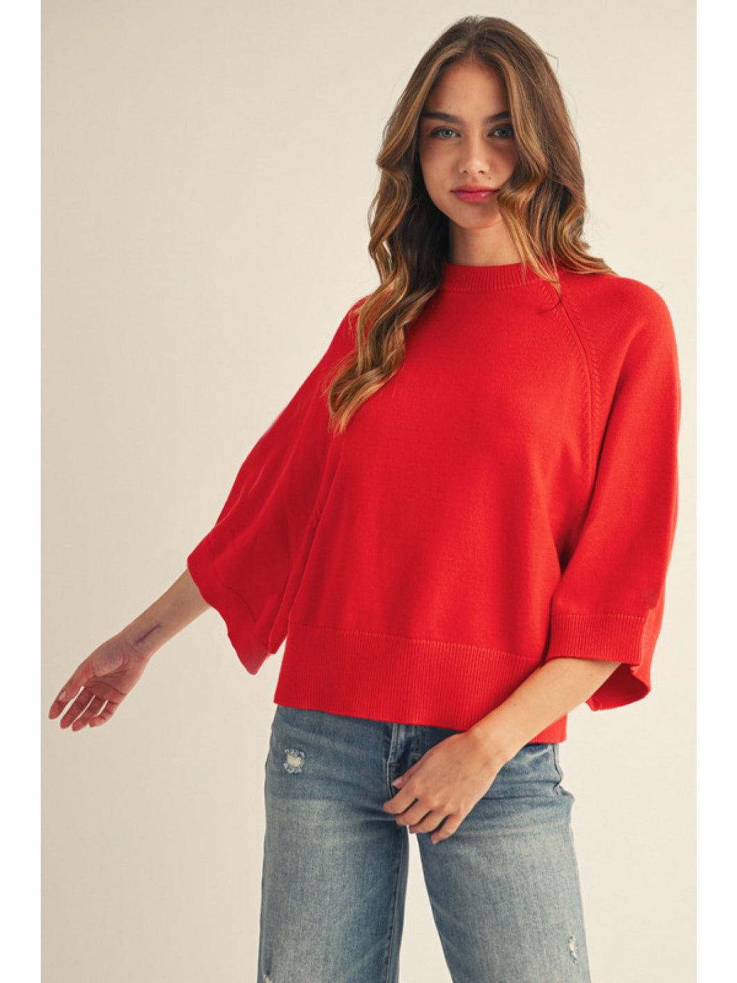 Wide 3/4 Slv Drop Shoulder Crew Neck Sweater G15064