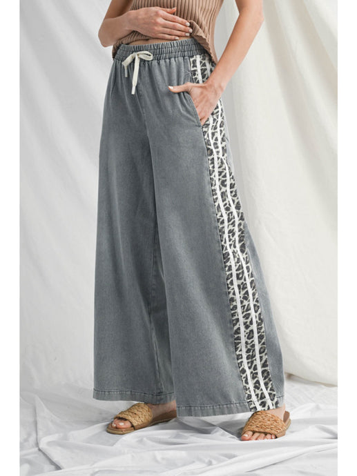 Pull On Elastic Drawstring Waist Wide Leg Pants w Side Stripe Detail B12506