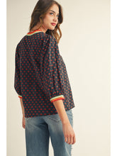 Cherry Pattern 3 Qtr Puff Slv Top w Striped Band Detail G14830
