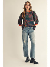 Cherry Pattern 3 Qtr Puff Slv Top w Striped Band Detail G14830