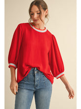 Solid Drop Shoulder Top w Puff Elbow Length Slvs w Striped Band Detail G13172