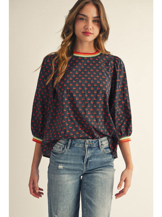 Cherry Pattern 3 Qtr Puff Slv Top w Striped Band Detail G14830