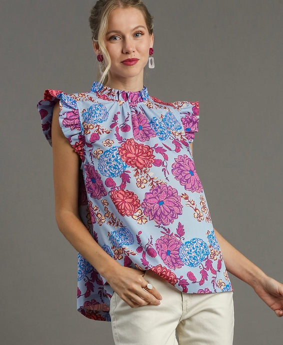 High Ruffle Neck Floral Short Ruffle Slv Top