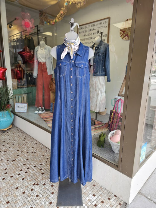 Denim Tencel Slvless Button Down Collared A Line Dress LMD010Y47