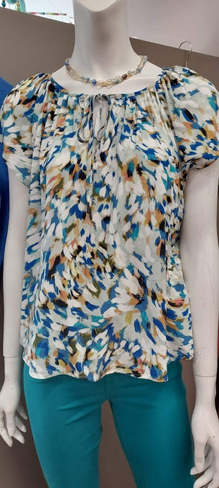 Patterned Petal Slv Scoop Neck Tie Neck Top