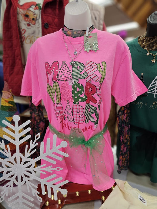 Neon Bright Merry Christmas Short Slv Graphic Tee