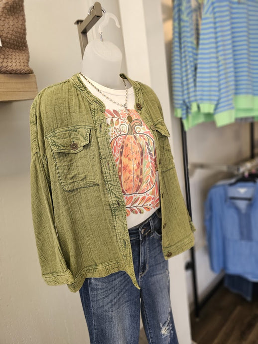 Stand Collar Lt Wt Mineral Washed Button Down Jacket w 3 Qtr Slvs T35350JM