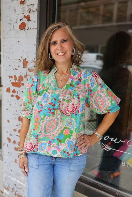 Paisley Print V Neck Short Puff Slv Top