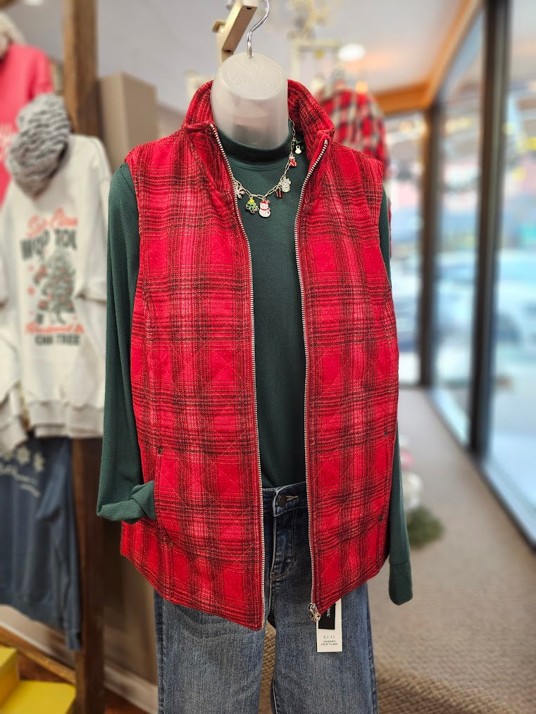 Quilted Red Plaid Zip Up Vest w Front Pockets HM03REP