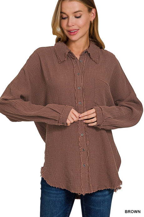 Double Gauze Oversized Raw Edge Shirt w Hi Lo Hem QT-1271