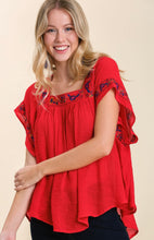 Embroidered Square Neck Blouse w Curved Hemline