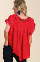 Embroidered Square Neck Blouse w Curved Hemline