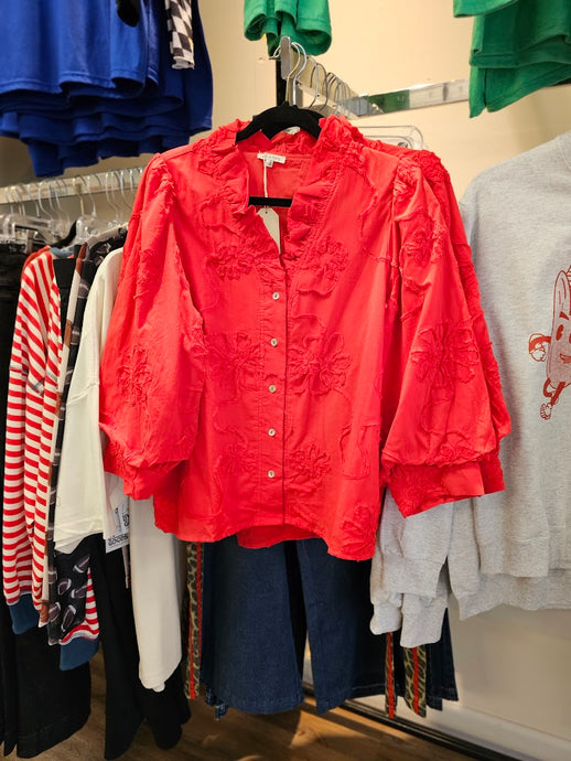 Raised Pattern 3 Qtr Puff Slv Button Down Top w Ruffled V Neckline H12376