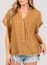 Plaid Cotton Gauze Short Dolman Rolled Slv Top w 3/4 Button Front