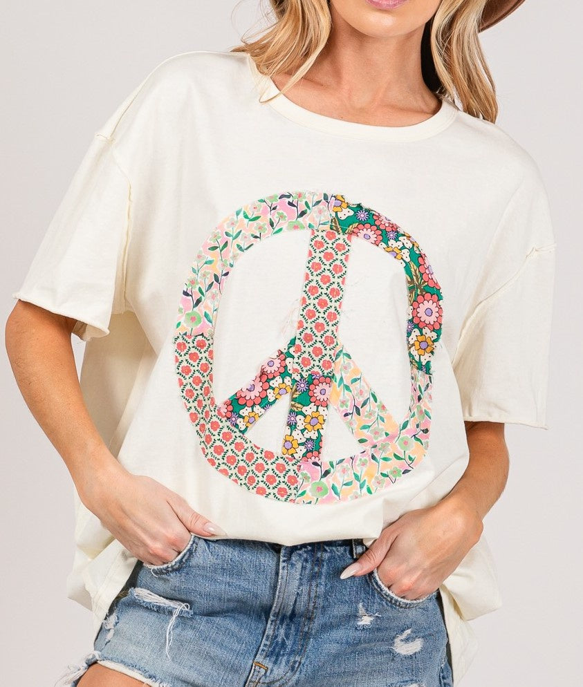 Oversized Peace Sign Applique Top w Drop Short Slvs