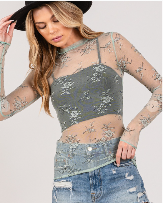 Mesh Long Slv Sheer Floral Embroidered Top ST7407