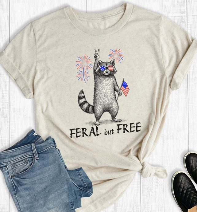 Funny 4th of July Feral But Free Short Slv Graphic Tee