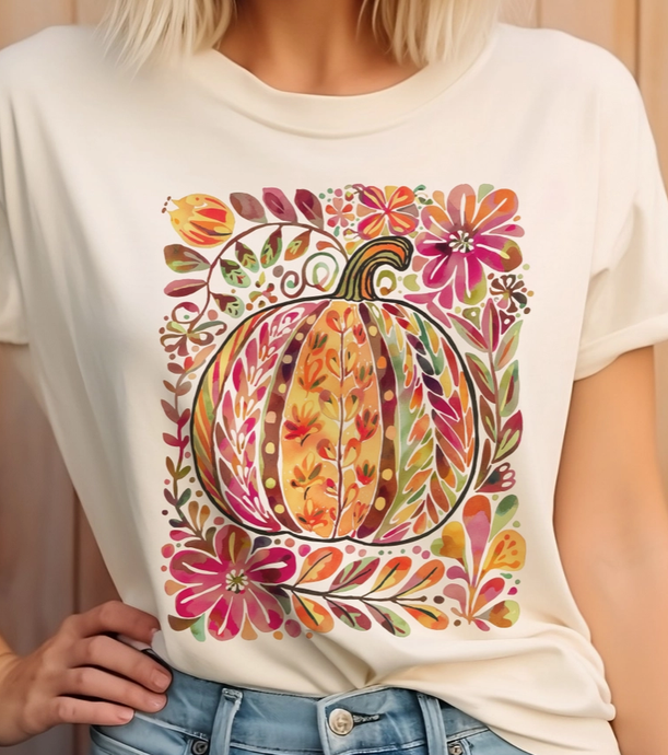 Autumn Floral Pumpkin Fall Leaves Thanksgiving Short Slv Graphic Tee