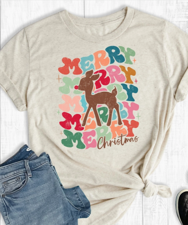 Retro Reindeer Merry Christmas Short Slv Graphic Tee