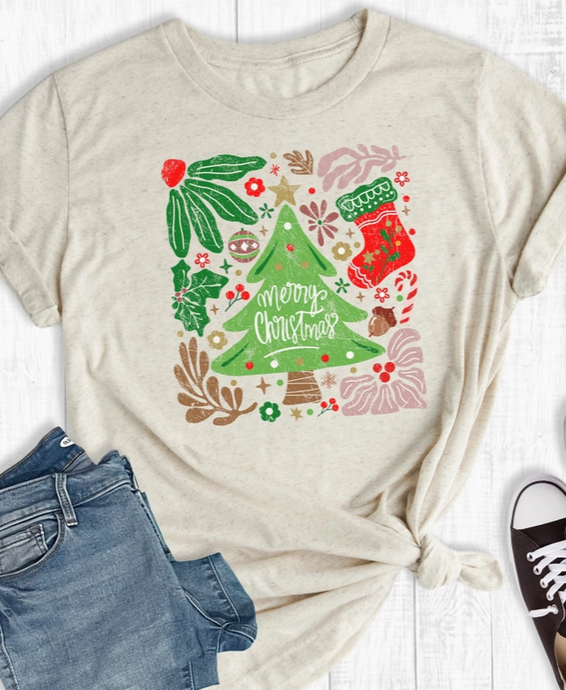 Boho Retro Merry Christmas Tree Short Slv Graphic Tee