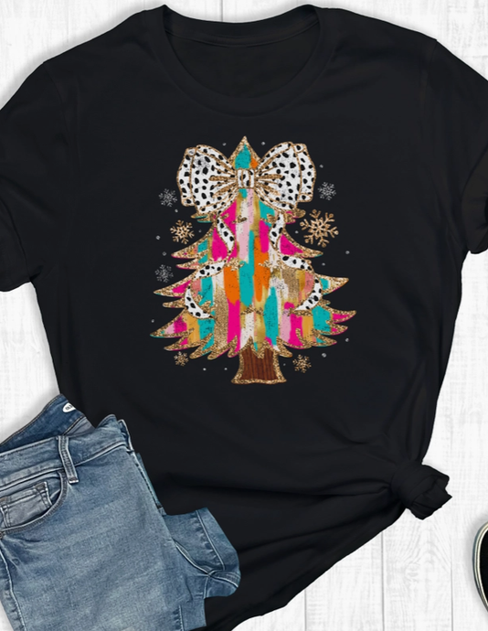 Colorful Coquette Christmas Tree Short Slv Graphic Tee