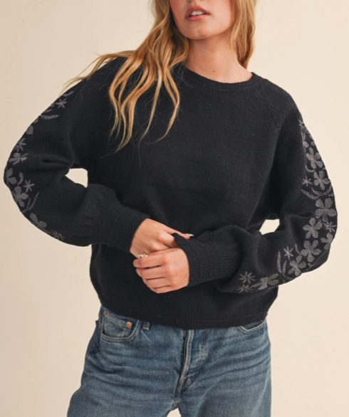 Solid Crew Neck Pull Over Sweater w Embroidered Slv Detail MSW10890