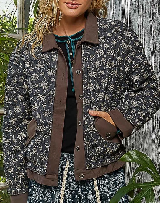 Floral Pattern Metal Button Down Quilted Jacket UWT608