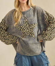 Wild Star Denim Leopard Long SLv Pullover Top ST7995