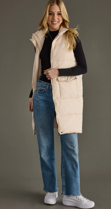 Long Puff Zip Up Vest w Front Snap Pockets CL-VT-803