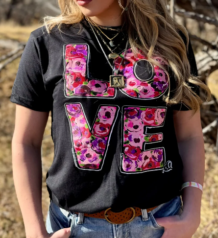 Callie Ann Stelter Stacked Floral Love Short Slv Tee
