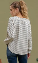 Striped Ribbed Long Raglan Slv Knit Top w Reverse Seams B4FT1074