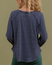 Striped Ribbed Long Raglan Slv Knit Top w Reverse Seams B4FT1074