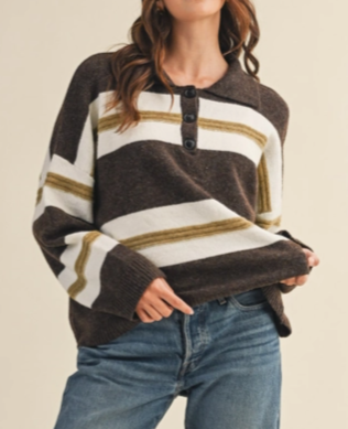 Lt Wt Striped Pull Over Collared Sweater w Button Detail MSW11225
