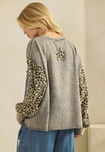 Wild Star Denim Leopard Long SLv Pullover Top ST7995