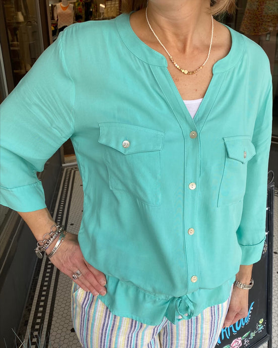 Button Down Collarless 3 Qrt V Neck Blouse