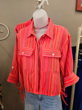 Embroidered Striped Drawstring Waist Button Up Shirt T25214BM