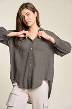 Garment Dyed Fringe Placket 3 Qtr Puff Slv Button Down Relaxed Fit Shirt