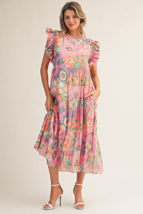 Boho Floral Tiered Midi Dress w Pockets and Ruffled Short Slvs G10170
