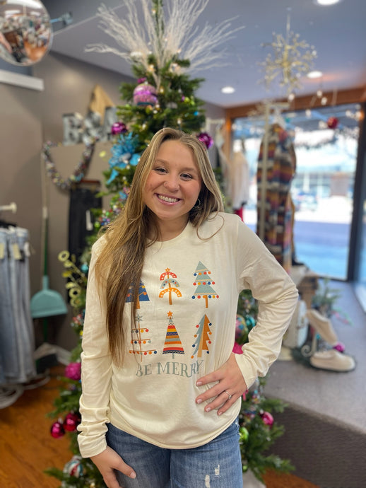 Be Merry Scandinavian Trees Long Slv Christmas Tee