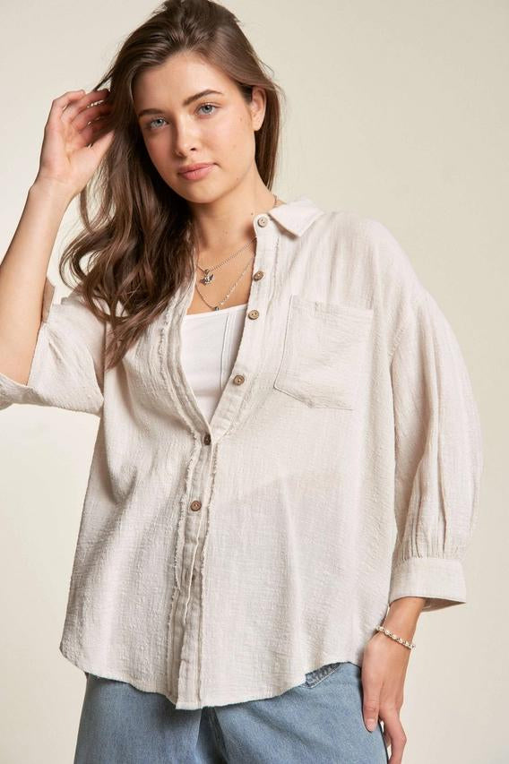 Garment Dyed Fringe Placket 3 Qtr Puff Slv Button Down Relaxed Fit Shirt