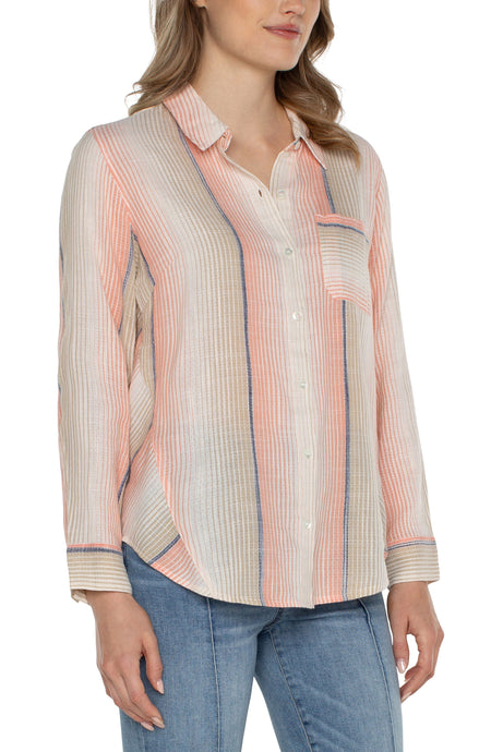 Striped Button Down Long Slv Shirt w Inverted Mitering
