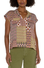 Geo Patchwork Cropped Button Down Camp Shirt w Short Dolman Slvs