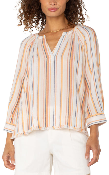 Striped Gauze Feel Raglan 3 Qtr Slv Top w Fray Hem LM8C62EE16