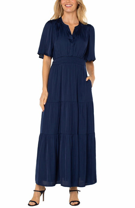 Tiered Short Slv Woven Maxi Dress w/Cut Out V Neck w/Elastic Waist LM8B08PS3