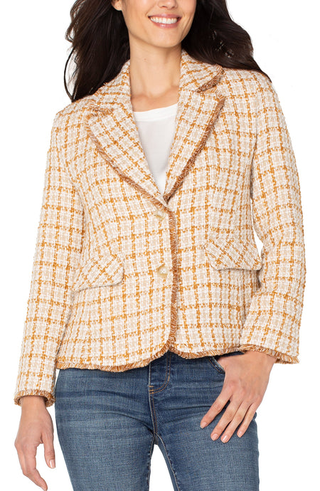 Plaid Blazer w Fray Edges w Embellished Buttons LM1C12TR01