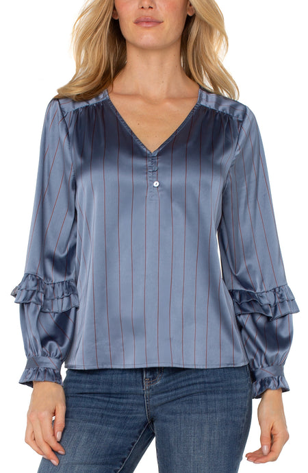 Woven V Neck Pin Striped Long Ruffle Slv Blouse LM8J11WV77P9