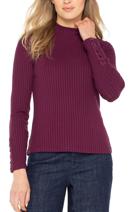 Long Slv Mock Neck Ribbed Top w Button Slv Detail LM8J03K61