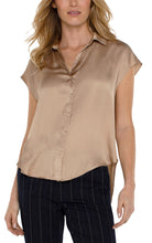 Collared Silky Button Down Blouse w Short Cap Dolman Slvs