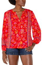 V Neck Button Down Bold Floral Print Top w Long Elastic Slvs LM8F33WV6P34