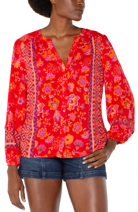 V Neck Button Down Bold Floral Print Top w Long Elastic Slvs LM8F33WV6P34